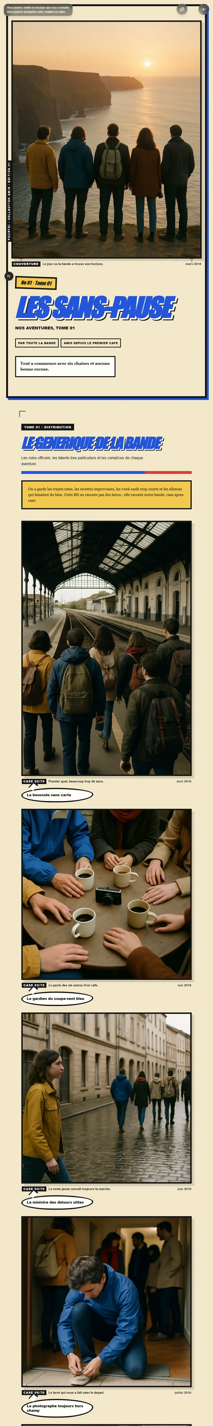 Aperçu — Vos souvenirs deviennent les cases d'une BD collective, jusqu’au grand « À SUIVRE ! » qui libère la double-page-générique de la bande.
