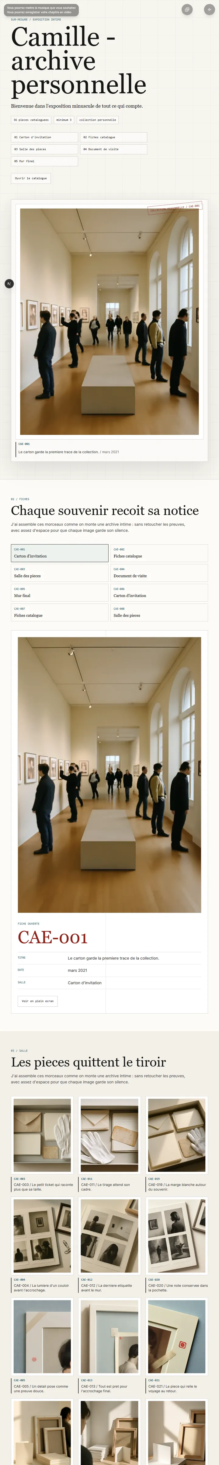 Aperçu — Une exposition intime : chaque souvenir est catalogue, legende, puis accroche dans un mur final d'archive personnelle.