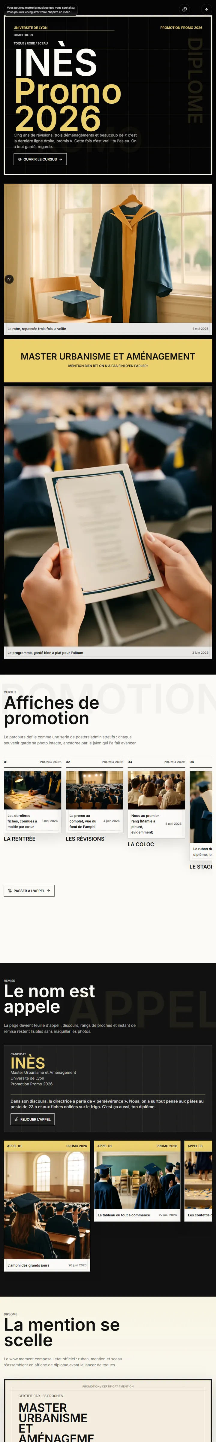 Aperçu — Une galerie d'affiches typographiques scelle le cursus, la promotion et le lancer de toque en un chapitre officiel.