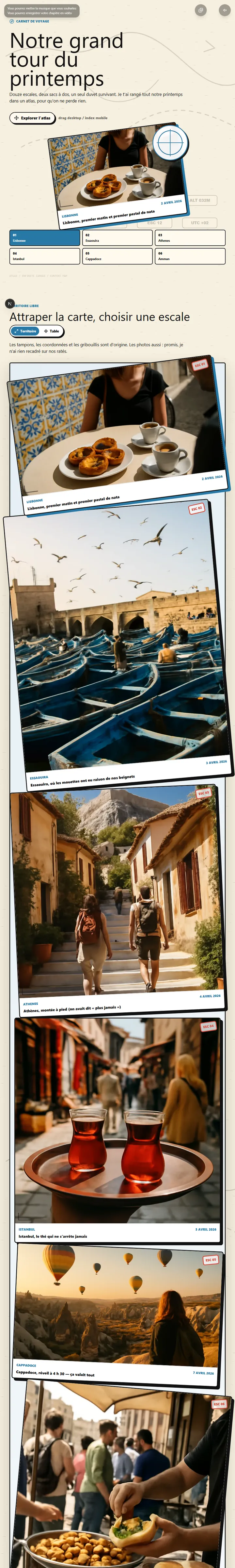 Aperçu — Un atlas clair a parcourir librement : photos-escales, tampons, coordonnees et table finale du voyage.