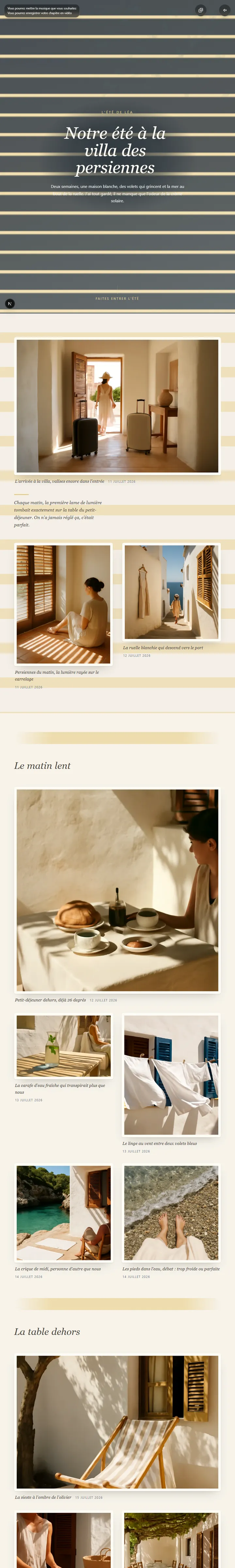 Aperçu — Un été méditerranéen filtré par les persiennes : lumière rayée, sieste dorée et grand large final.