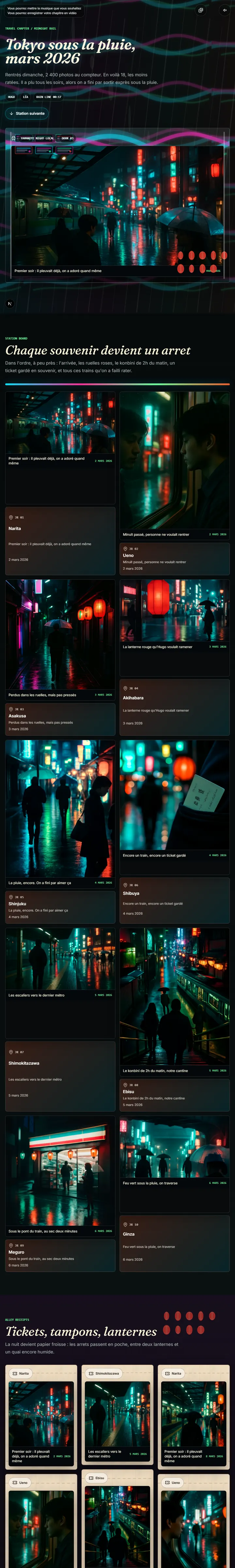 Aperçu — Un trajet nocturne au Japon : pluie, neons, lanternes et photos qui s'allument station apres station.
