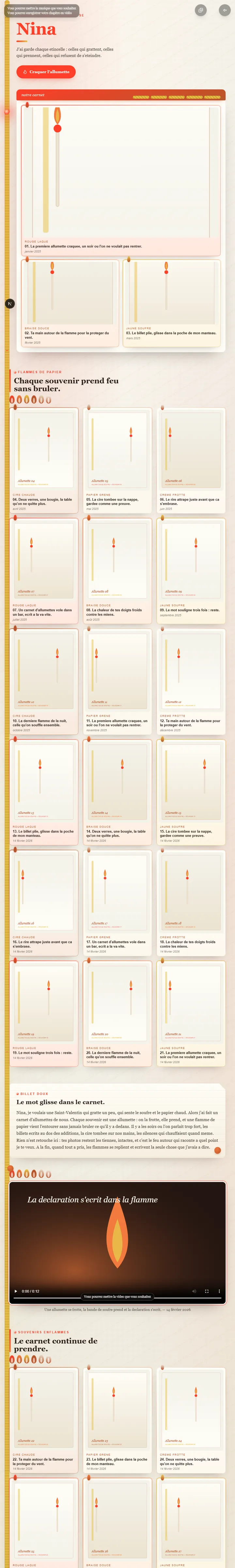 Aperçu — Un carnet d’allumettes où chaque souvenir s’enflamme d’un geste, jusqu’à la déclaration finale.
